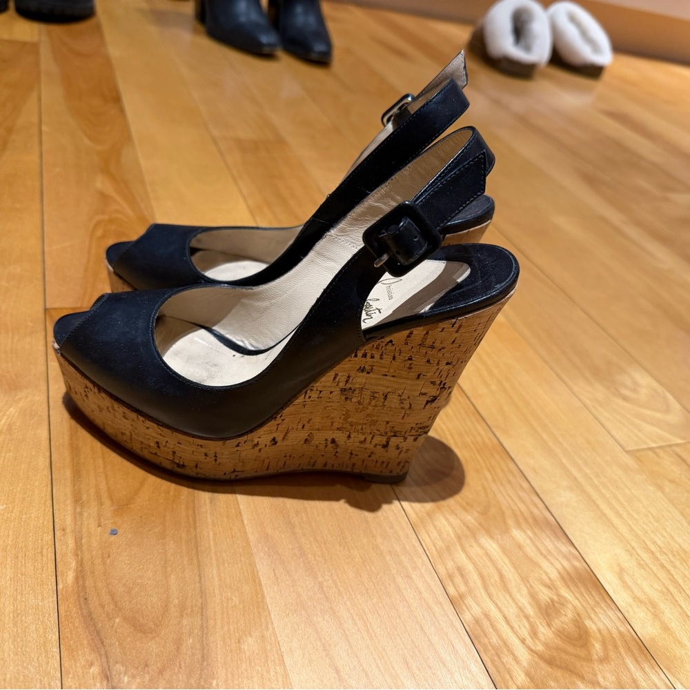 Christian Louboutin Black Leather Cork Wedge Slingbacks